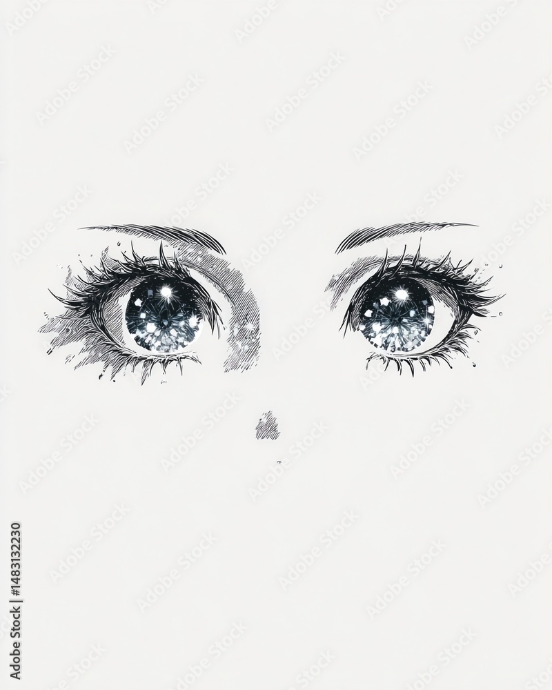 Fototapeta premium Crisp Minimalism An illustration showcasing a closeup of enormous animeinspired eyes sparkling with intricate details surrounded by a clean white space. Delicate Helvetica typeface