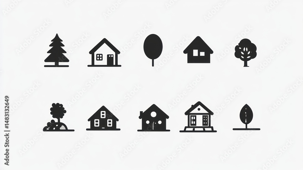 Fototapeta premium Minimalist icons showing various trees and houses against a white background