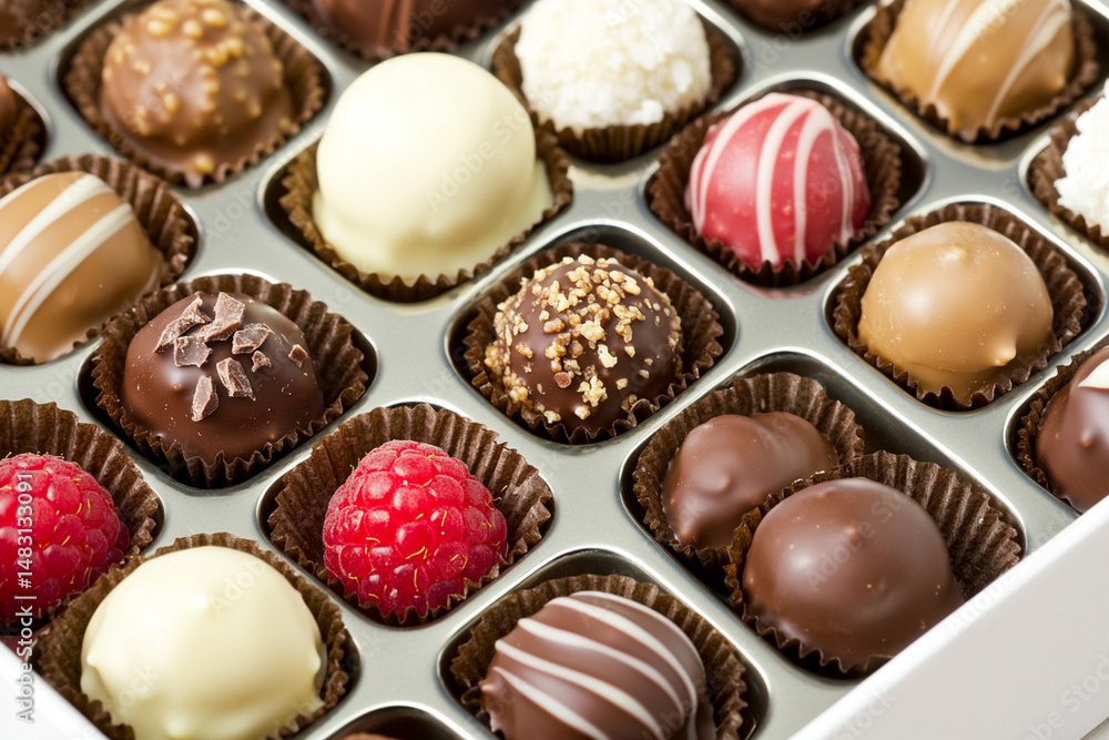 Assorted chocolate truffles arranged in a box with various flavors and textures for a delightful treat experience Assorted chocolate truffles arranged in a box with various flavors and textures for a delightful treat experience