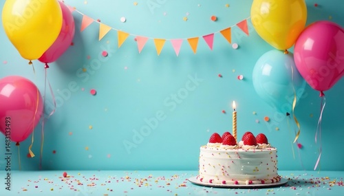 Festive birthday decorations including balloons, streamers, and a cake , pink, green, whimsical