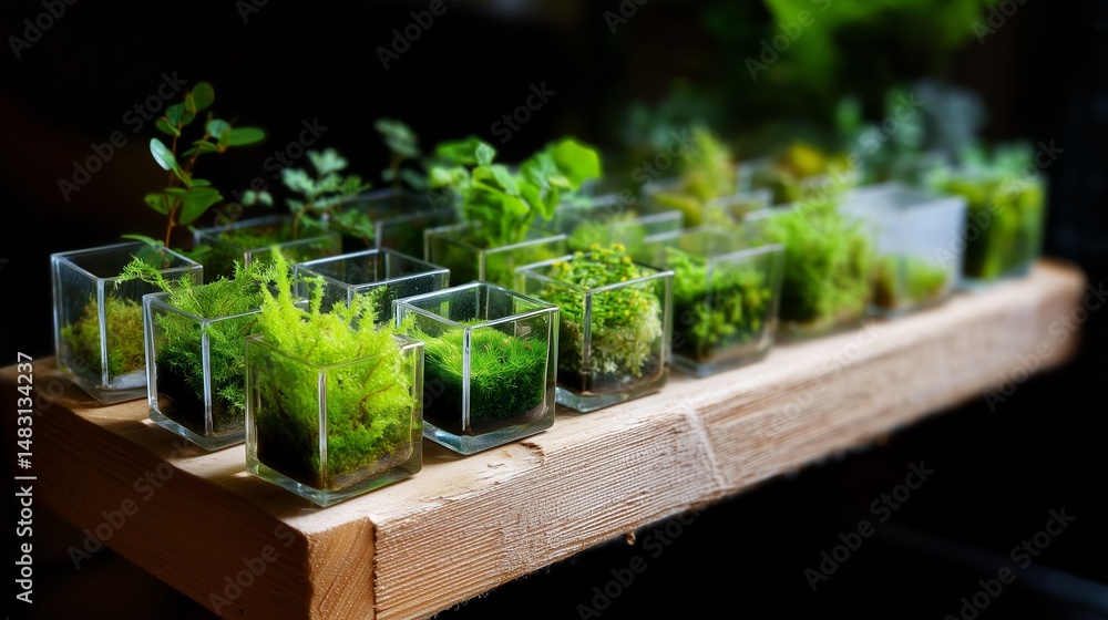Miniature green ecosystems in clear glass containers arranged on a wooden shelf