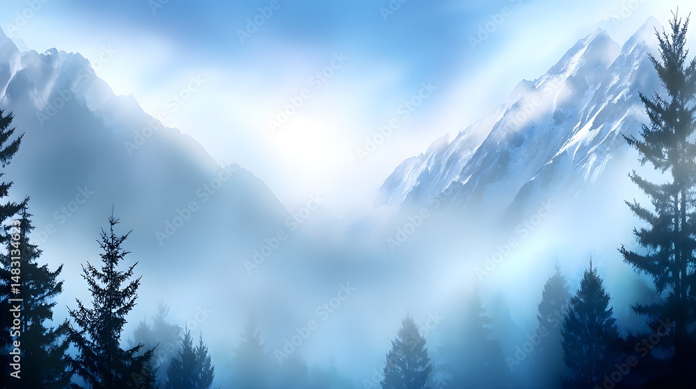 Obraz premium Ethereal Mountain Landscape with Misty Forest and Majestic Peaks in Soft Blue Tones