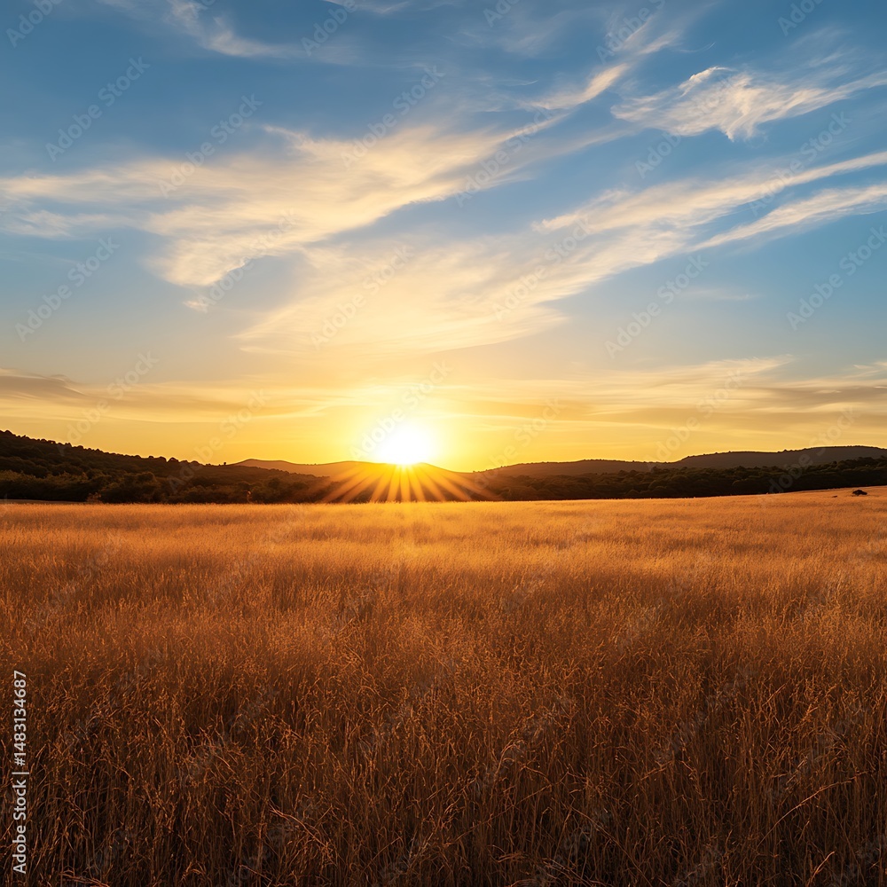 Golden Hour Over Tranquil Field: A Serene Landscape of Sunlit Grass and Distant Hills Under a Beautiful Sky. Golden Hour Over Tranquil Field: A Serene Landscape of Sunlit Grass and Distant Hills Under a Beautiful Sky.