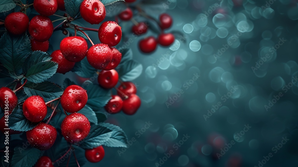 Fototapeta premium Juicy Red Cherries with Water Droplets on Dark Background