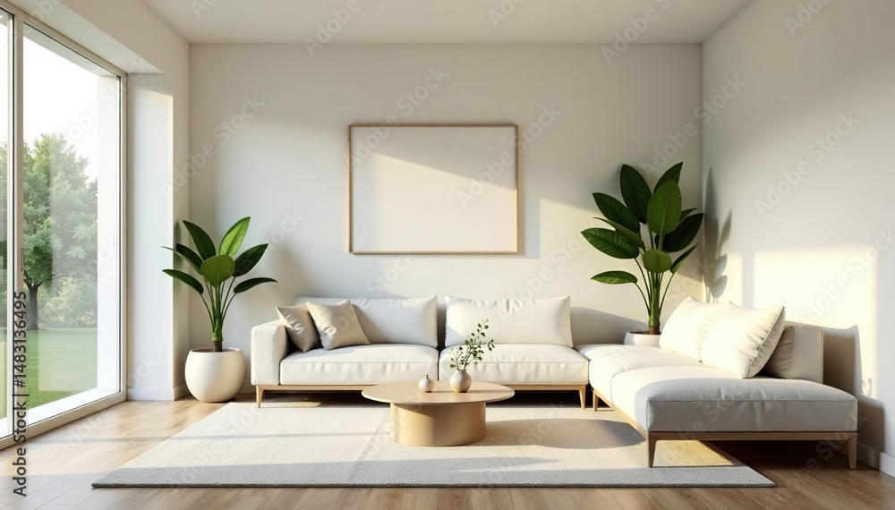 Fototapeta premium Serene minimalist living room with neutral tones, simple furniture, and natural light Plants add a touch of life , grey, airy, nordic