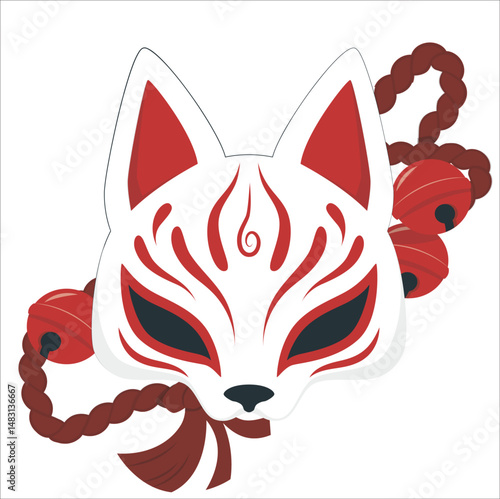 Kitsune mask with sakura flower hand drawn vector illustration. Traditional japanese demon. Tattoo print. Hand drawn illustration for t-shirt print, fabric and other uses.

