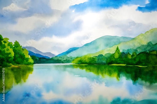 Serene Watercolor Landscape of a Calm Lake and Lush Green Mountains