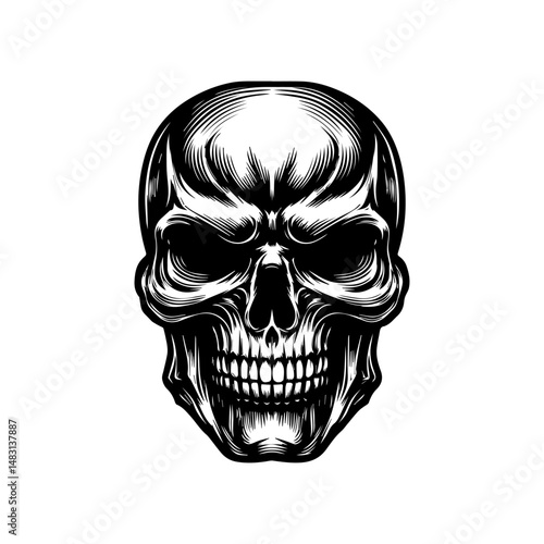 Detailed line art human skull illustration with elaborate abstract patterns and dramatic stylized elements vector design