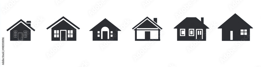 Row of houses with different roof styles and facades in black silhouettes Row of houses with different roof styles and facades in black silhouettes