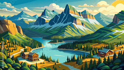 High and view of Waterton Lakes National Park, Alberta, Canada