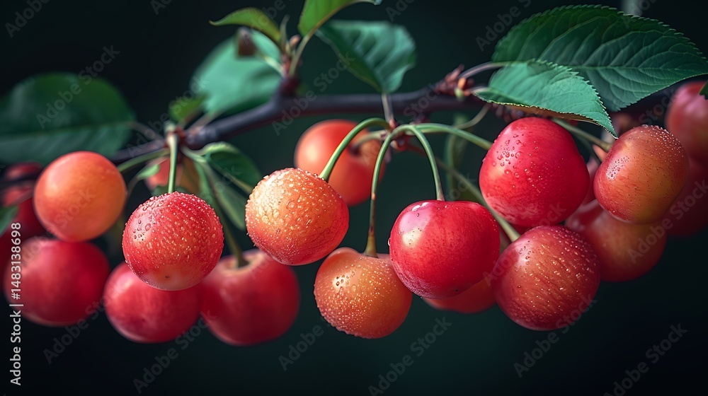 Obraz premium Juicy Red Cherries Closeup Photography Fresh Fruit