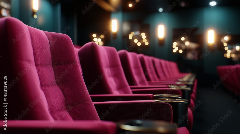 Plush seating in an upscale cinema welcomes moviegoers for an evening show in a modern theater
