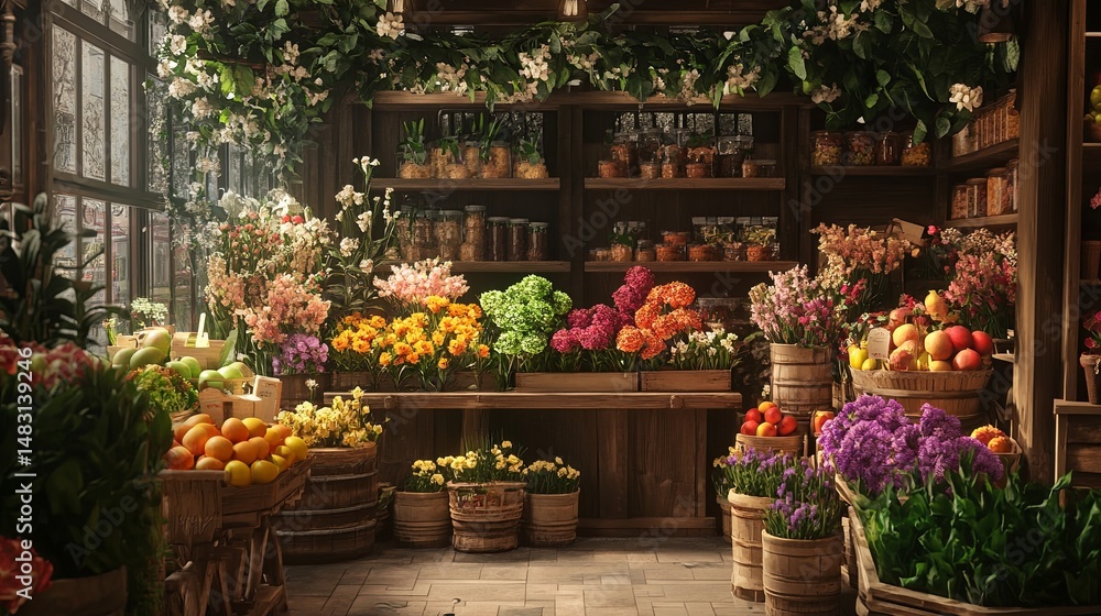 Obraz premium Organic flowers and fresh fruits in rustic stalls.