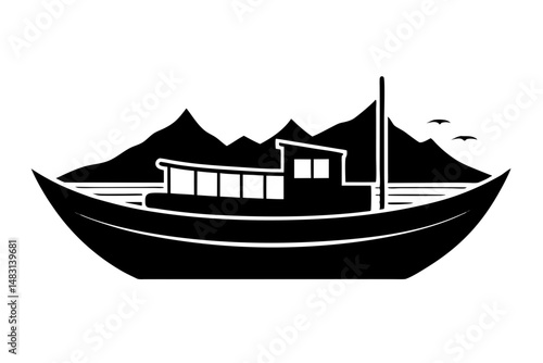 Fishing boat with mountains silhouette vector illustration