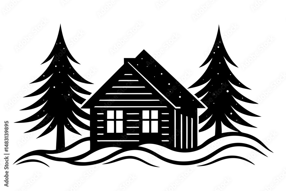 Fototapeta premium Cabin in winter landscape silhouette vector illustration