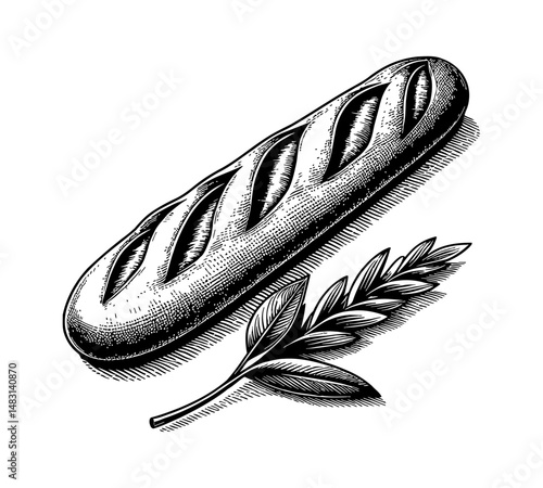 Detailed Black and White Engraving of Baguette Bread with Wheat Stalk, Traditional European Bread