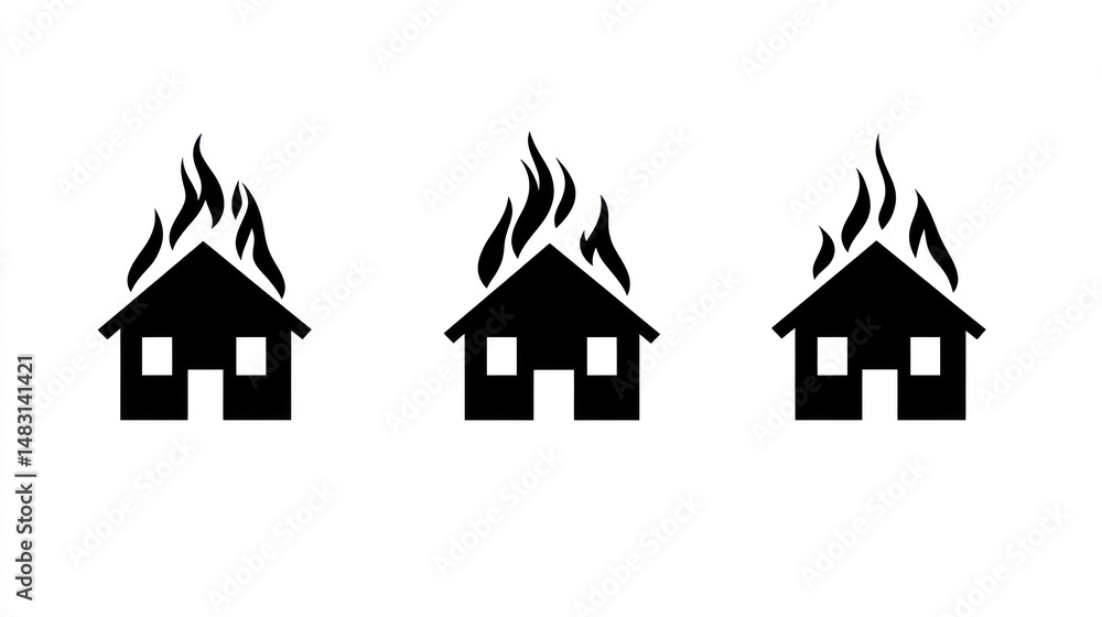 Fototapeta premium Three icons depict houses engulfed in flames, showing varying intensity