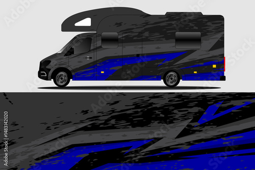 Sleek black and blue camper van design with dynamic graphics