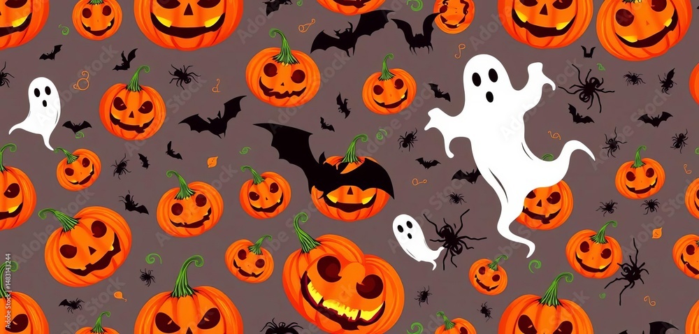 Spooky Halloween seamless pattern featuring pumpkins, bats, ghosts, and spiders Ideal for wrapping paper, cards, and web design, seamless pattern design, holiday Spooky Halloween seamless pattern featuring pumpkins, bats, ghosts, and spiders Ideal for wrapping paper, cards, and web design, seamless pattern design, holiday