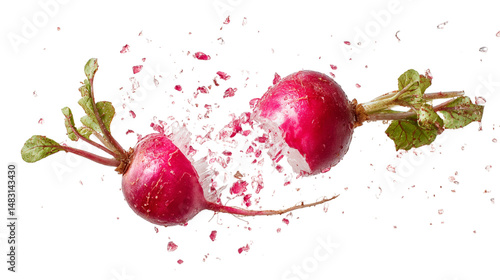 Vibrant red radishes exploding in mid air action shot fresh vegetables healthy food dietary ingredient cooking on transparent background eat