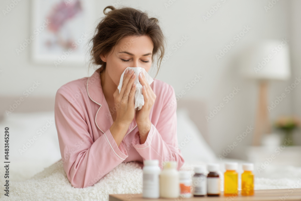 A woman wearing a pink shirt sits on her bed, looking unwell. She holds a tissue to her face, indicating she is feeling sick, surrounded by bottles of medicine. The room has a soothing ambiance A woman wearing a pink shirt sits on her bed, looking unwell. She holds a tissue to her face, indicating she is feeling sick, surrounded by bottles of medicine. The room has a soothing ambiance