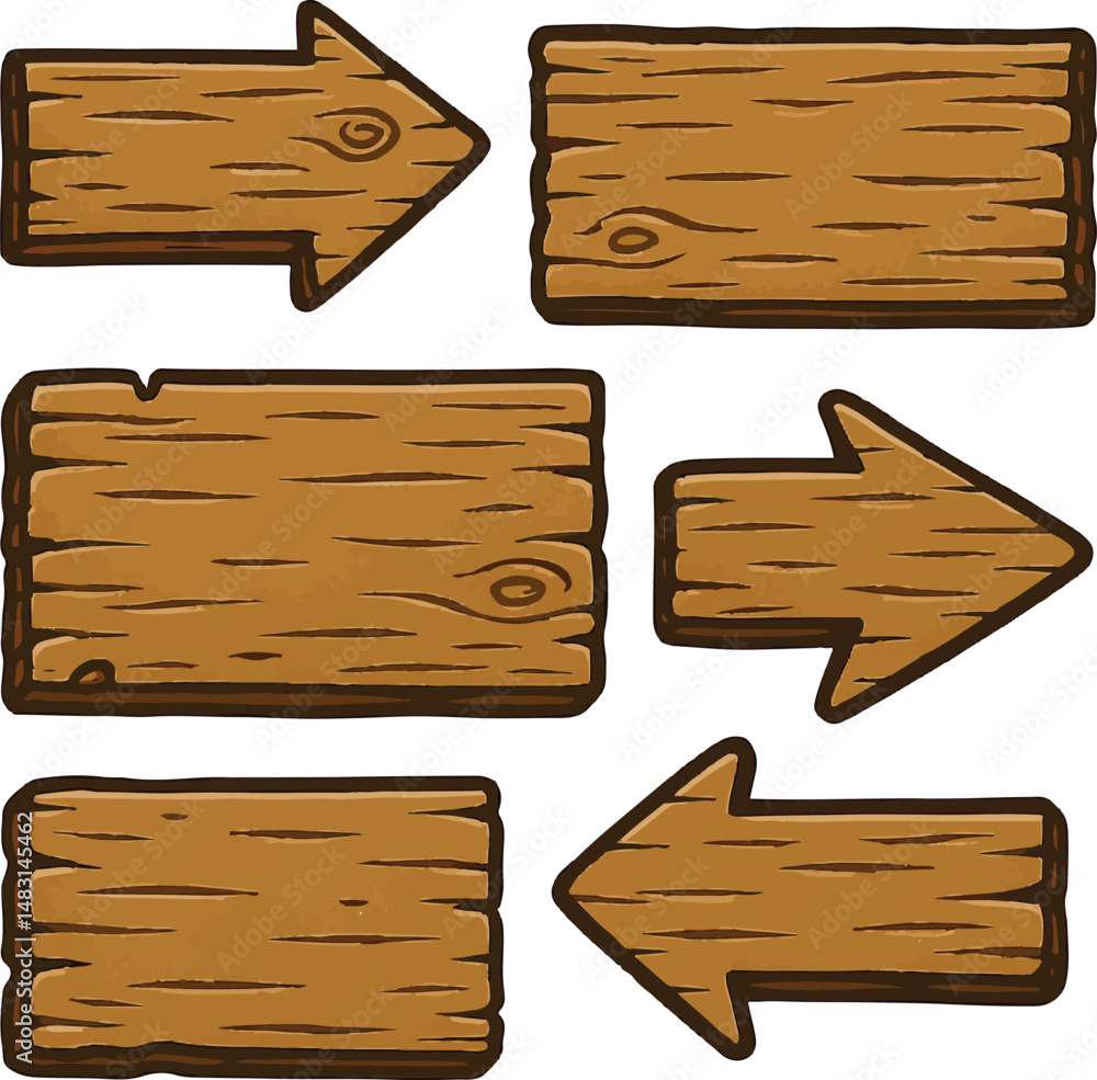 Wooden Vector Plank Sign Board Set — Cartoon Timber Texture UI Game Menu Arrows, Road Signs, and Announcement Frames on White Background (AI, EPS, PNG, JPEG)
Wooden Vector Plank Sign Board Set — Cartoon Timber Texture UI Game Menu Arrows, Road Signs, and Announcement Frames on White Background (AI, EPS, PNG, JPEG)