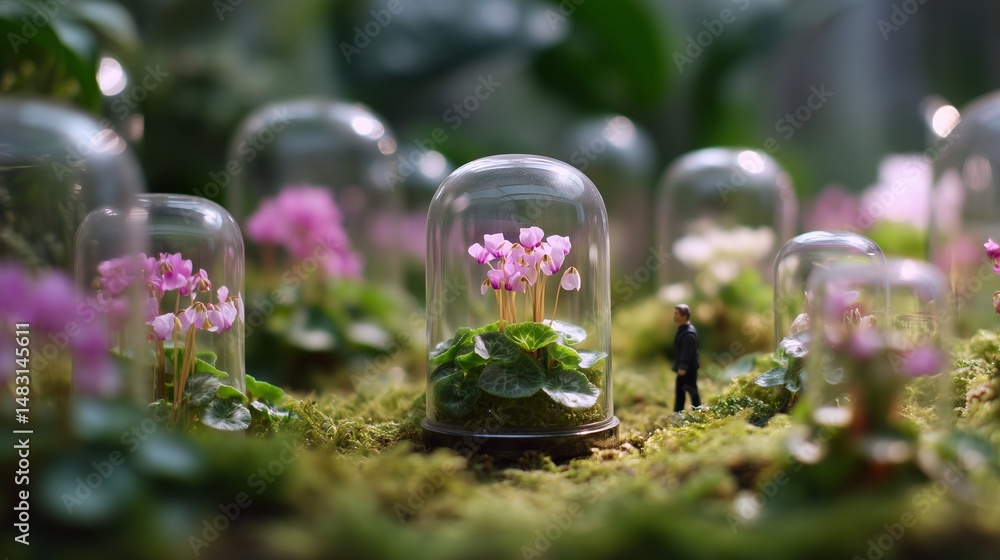 Tiny figure among delicate flowers in glass domes creates enchanting miniature garden scene