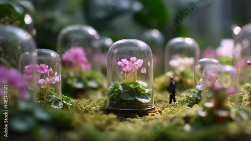 Obraz na płótnie Tiny figure among delicate flowers in glass domes creates enchanting miniature garden scene w salonie