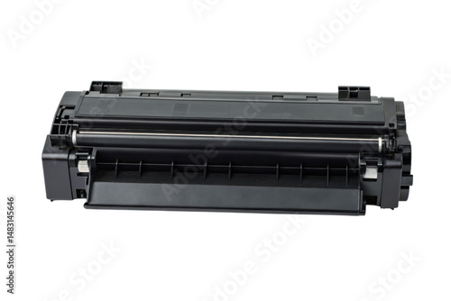 A black laser printer toner cartridge designed for use in office and home printers.