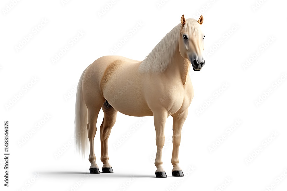 A palomino horse standing on a white background in a studio shot with a light tan coloring A palomino horse standing on a white background in a studio shot with a light tan coloring