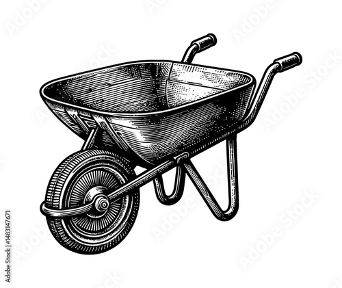 Illustration of a Vintage Wheelbarrow with Detailed Engraved Lines in Black and White Color