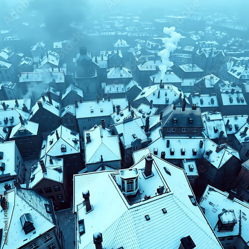 Bird's-Eye View of Snow-Covered European City in Winter