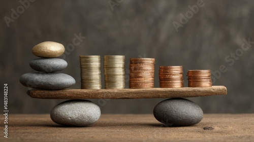 Balanced coins and stones on wooden plank