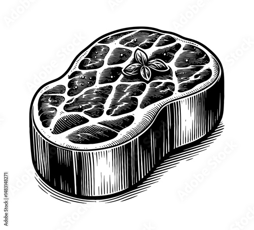Illustration of a Steak with Basil Leaf in Detailed Black and White Engraved Style