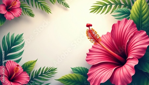 Bold, stylized hibiscus blooms, vibrant tropical backdrop, leaves, bloom
