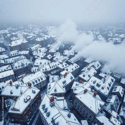 Bird's-Eye View of Snow-Covered European City in Winter