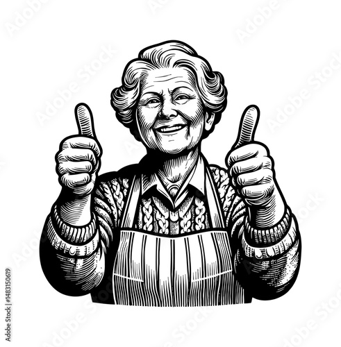 Smiling Elderly Woman Giving Thumbs Up with Apron in Detailed Black and White Engraving Style
