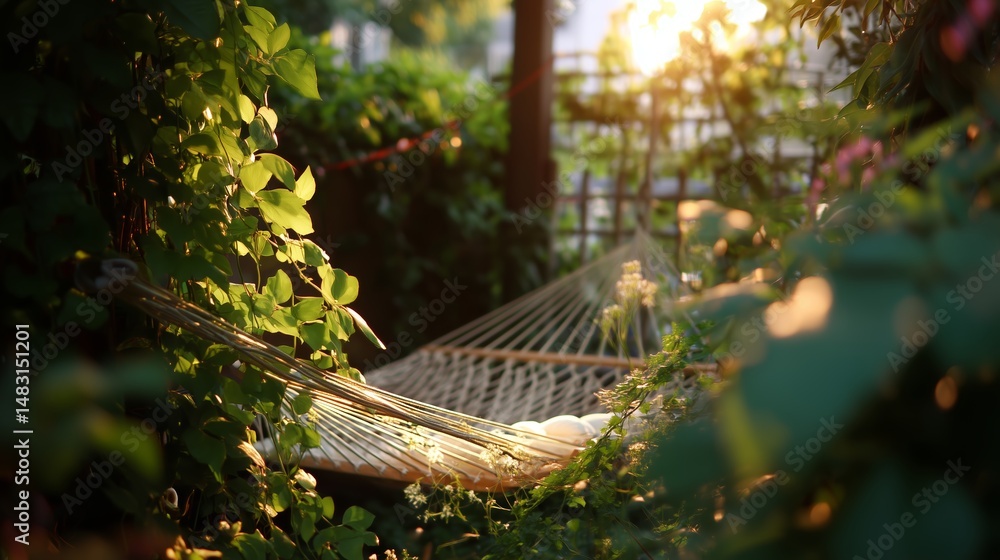 Sunlight filters through greenery illuminating hammock in tranquil garden at sunset