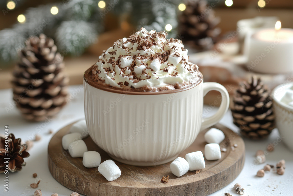 Hot chocolate mug cake steaming in a cute mug with gooey chocolate sauce and a sprinkle of powdered sugar on top. Hot chocolate mug cake steaming in a cute mug with gooey chocolate sauce and a sprinkle of powdered sugar on top.