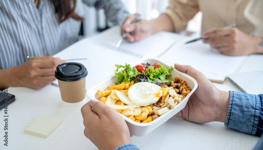 A balanced lunch in a takeaway box, being served during a business meeting A balanced lunch in a takeaway box, being served during a business meeting