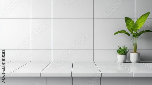 Minimalist White Tile Room with Greenery