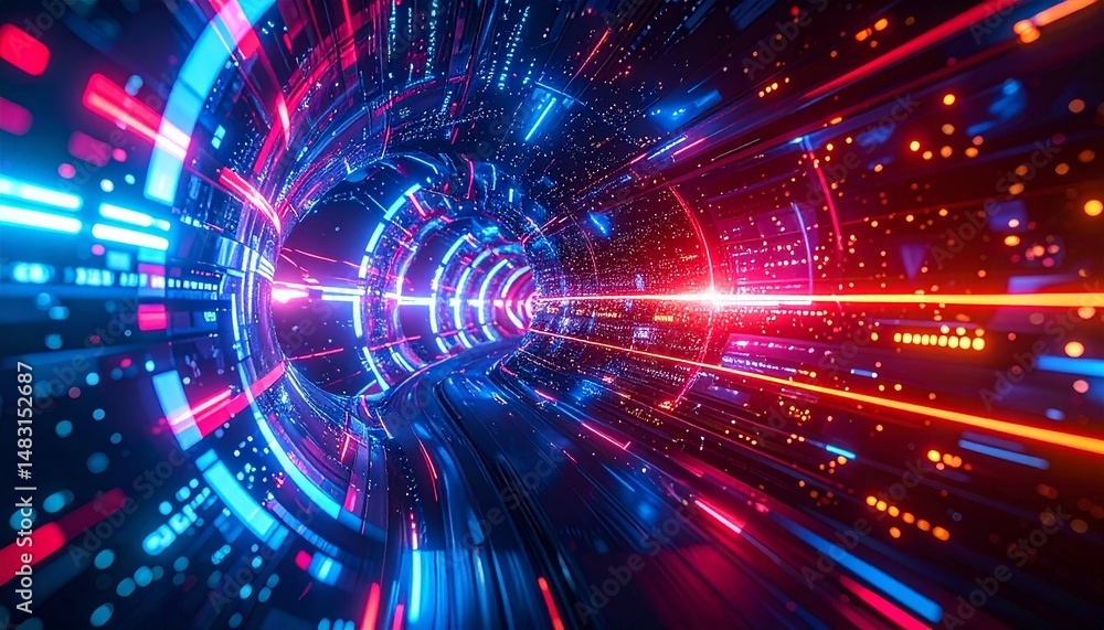 Fototapeta premium Abstract tunnel of digital data with vibrant lights. A sense of speed and movement is conveyed through the use of futuristic technology