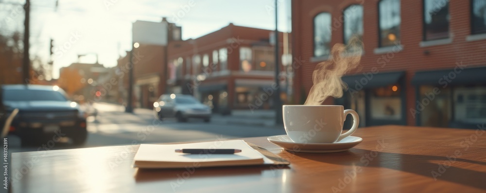 Morning coffee break with notebook and pencil in city sunlight Morning coffee break with notebook and pencil in city sunlight