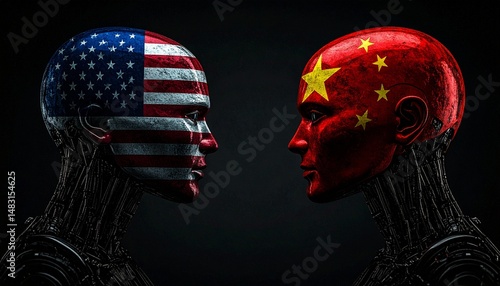 Image depicting two human-like figures facing each other with flags of USA and China on their heads. The composition reflects a sense of confrontation and geopolitical tension.