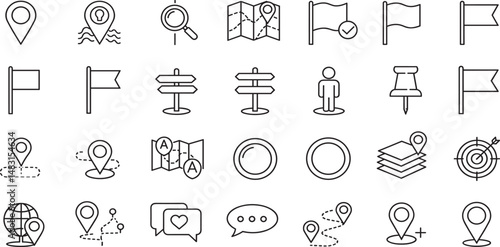 Map Location Line Editable Icons set. Vector illustration in modern thin line style of place mark related icons: pin, flag, direction, and more.