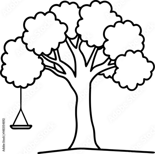 Tree With Swing Line Art Vector Illustration