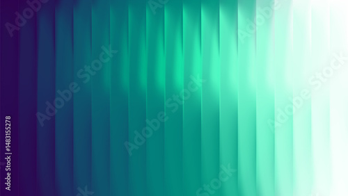 Glass green ribbed texture background with vertical fluted gradient effect and abstract 3D lines on dark blue backdrop