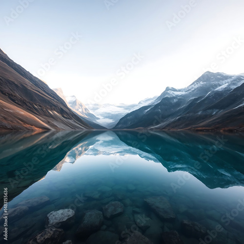 Photorealistic Mountain Lake Reflecting Surrounding Peaks in Early Morning Light