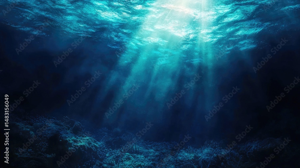 Naklejka premium Mysterious Deep Ocean Sunbeams Illuminate Dark Depths