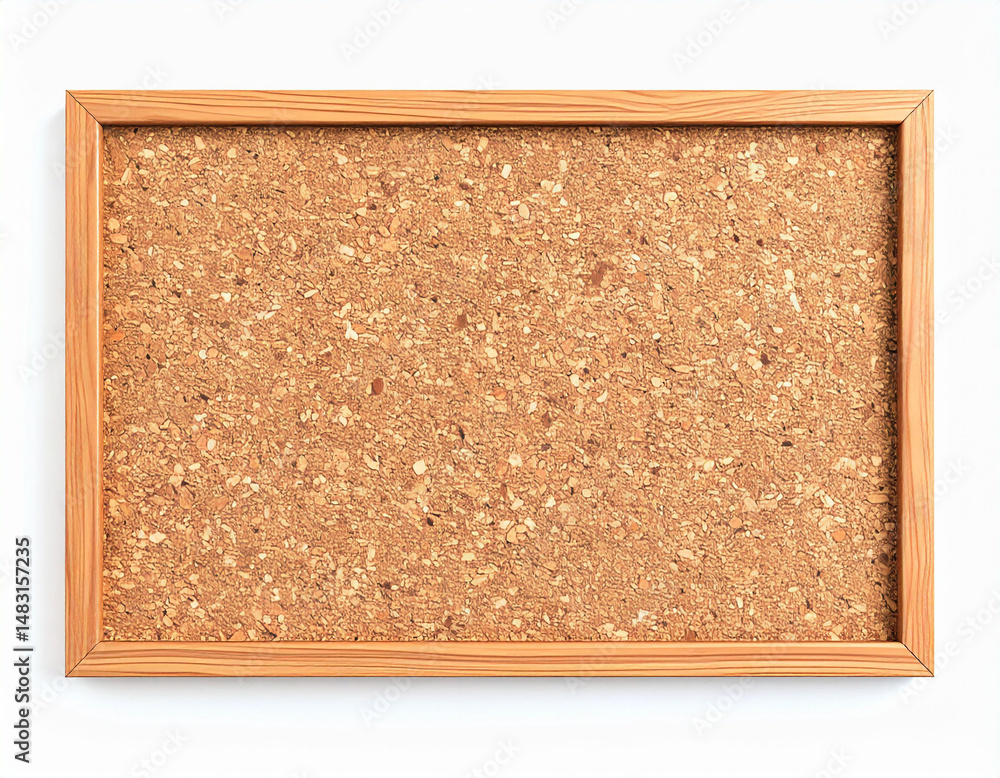 Fototapeta premium a rectangular board, often used for pinning notes, is showcased against a bright white background. the board is framed with a simple, natural wood finish